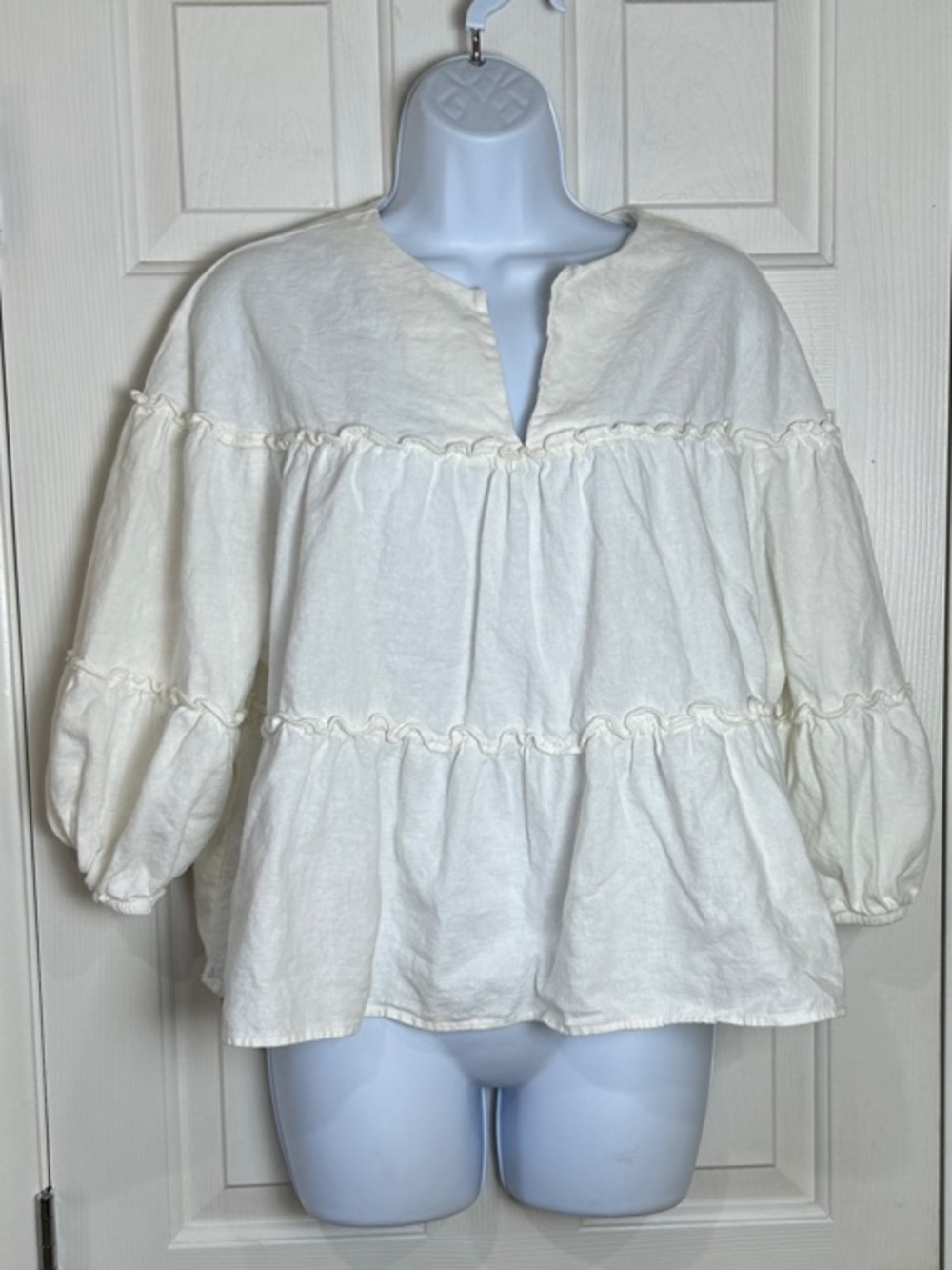 Marc New York White Linen Blend Tiered Peasant Boho Blouse Large